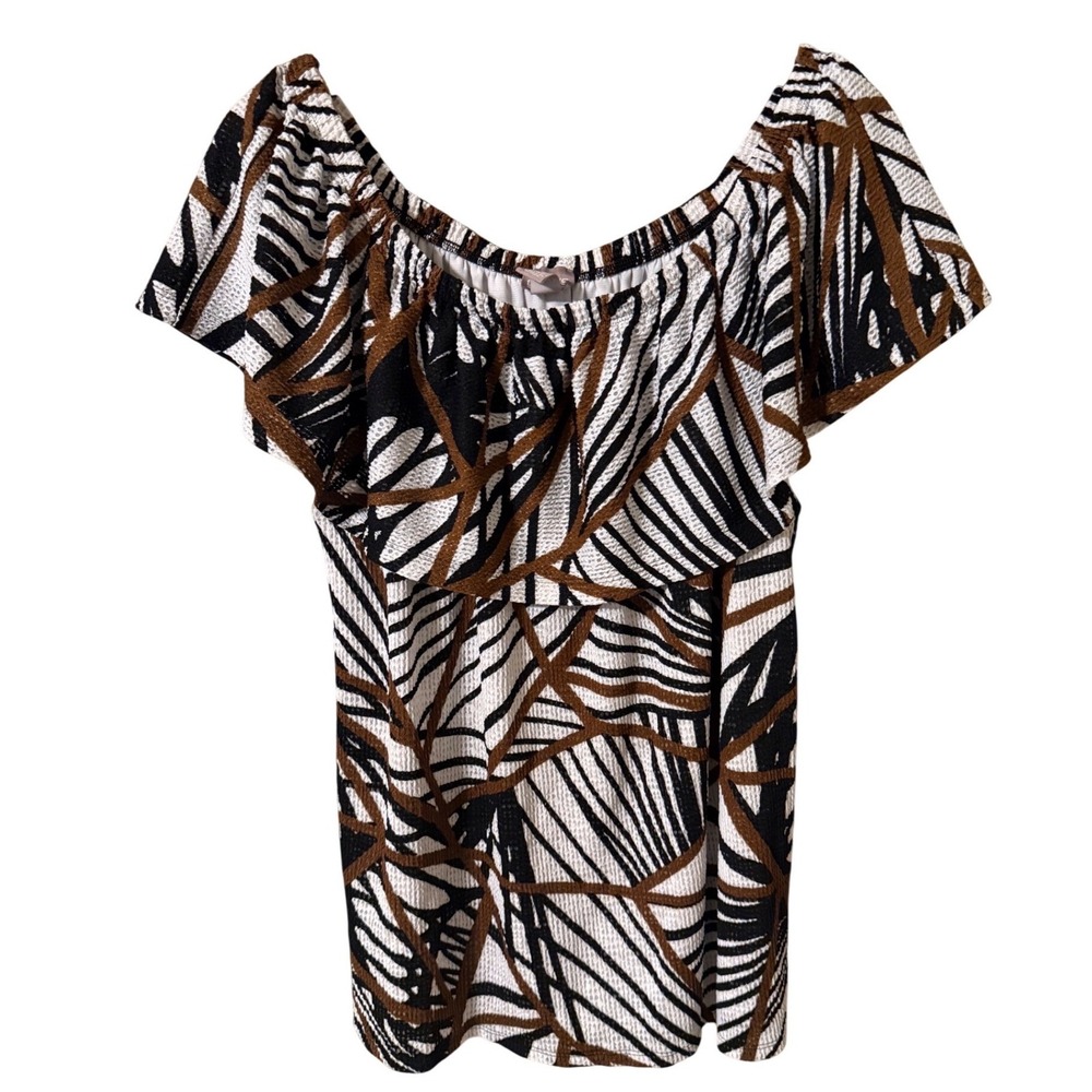 Chico's Size 3 XL Off the Shoulder Ruffle Top Abstract Palm Leaf Brown Black